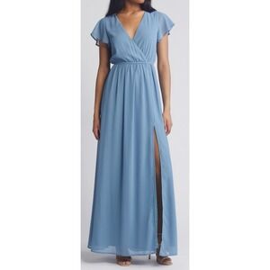 Lulus Women's Lost in the Moment Flutter Sleeve Gown~Slate Blue~XS~Leg Slit~READ